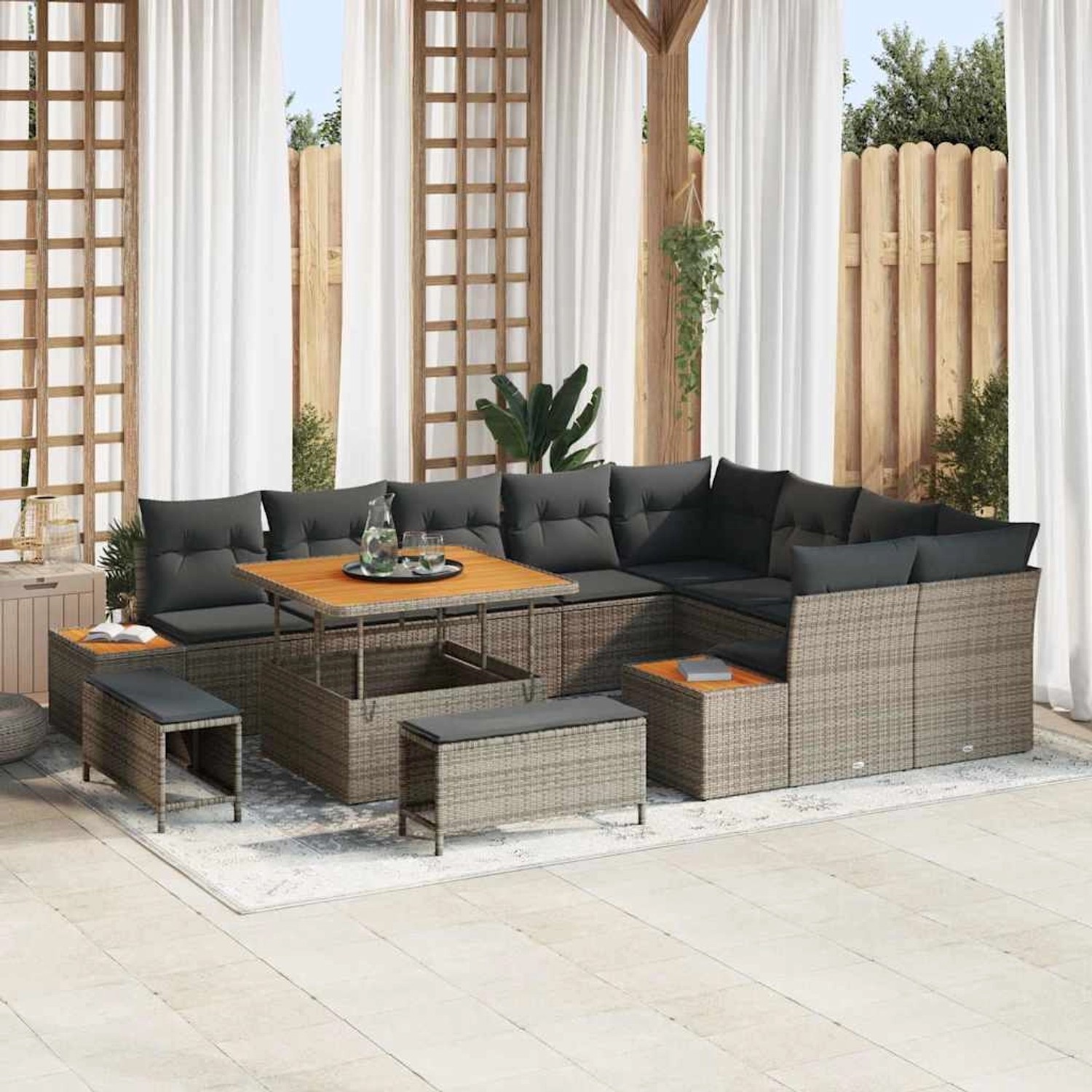 Graues 12-tlg. vidaXL Garten-Sofa-Set aus Poly Rattan mit Tisch und Kissen für Terrasse und Garten.