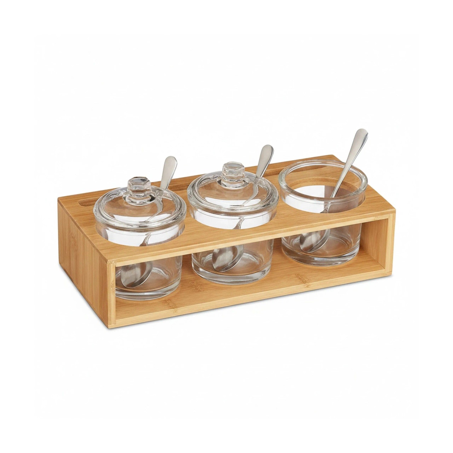 Relaxdays Gewürzgläser Set Bambus Glas Metall Natur Transparent Silber Mit Löffeln 27 cm x 13 cm x 11 cm 1,3 kg