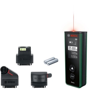 Bosch Zamo Laser-Entfernungsmesser Set mit Aufsätzen, Akkus und USB-C. Messbereich bis 25 m.