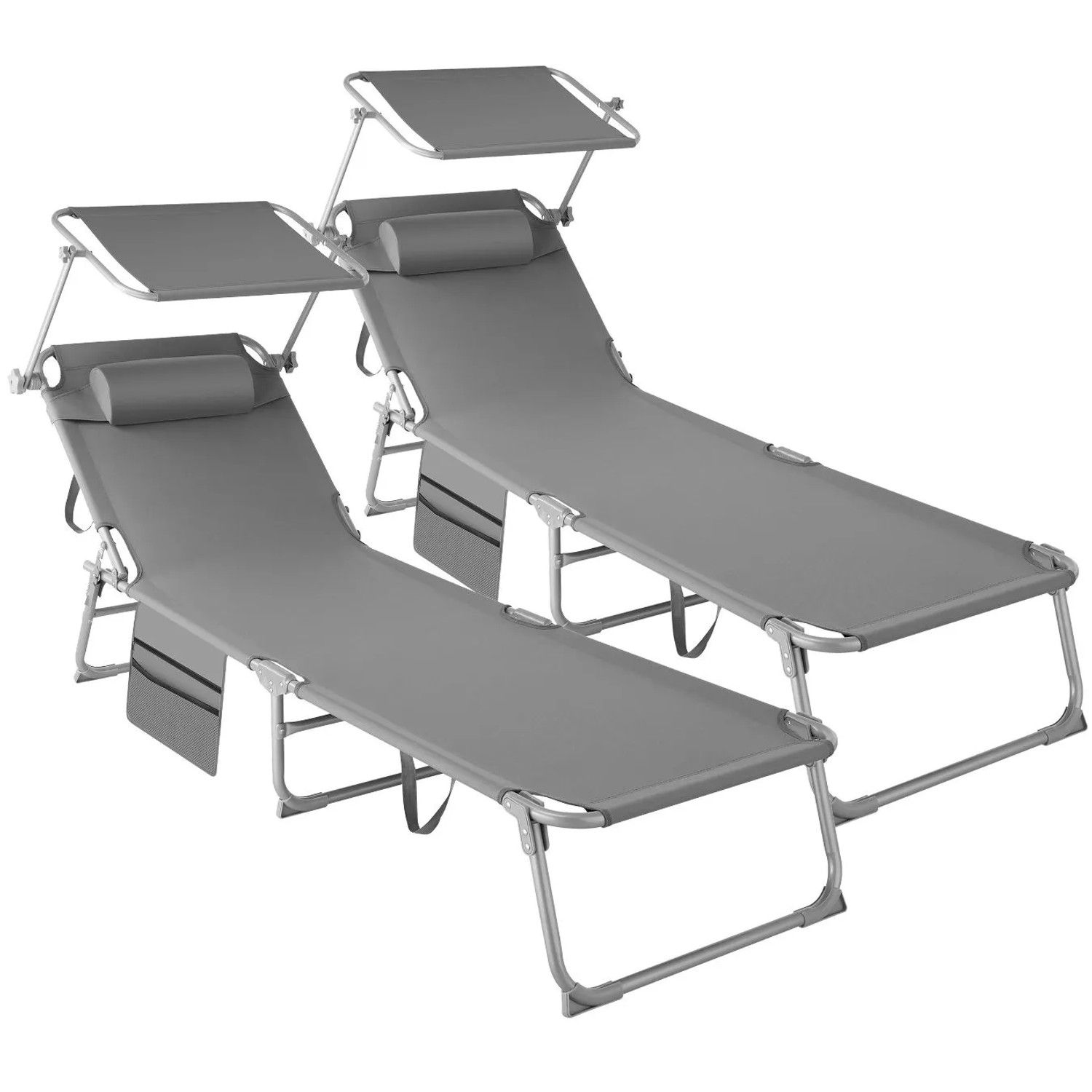 Tectake 2Er Set Sonnenliege Chloé Klappbar  Stufenlos Verstellbares Sonnendach  161 x 68 x 111 cm Grau