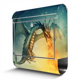 Banjado Edelstahl Briefkasten mit Drachen Motiv und Zeitungsfach.