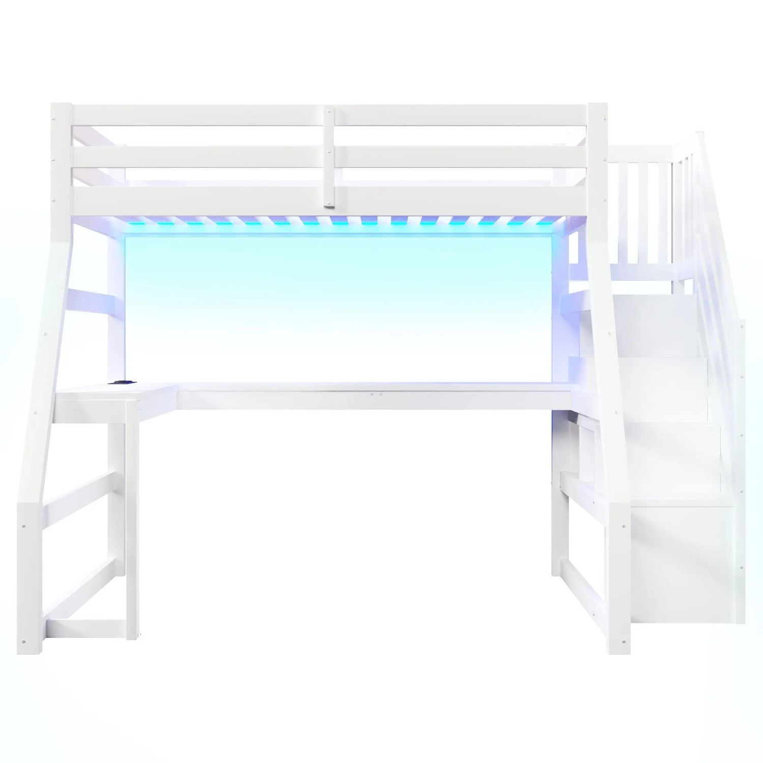 Merax Hochbett Holz 90x200cm LED USB Schreibtisch Weiß