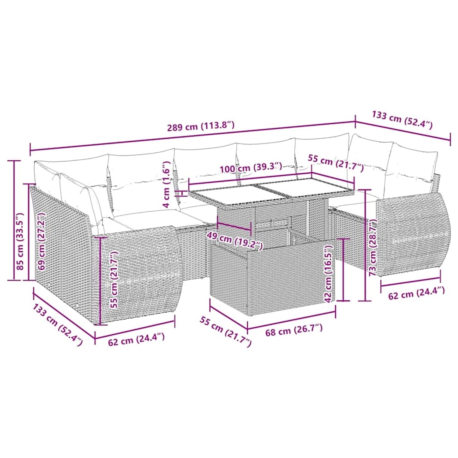 Graue 8-tlg. vidaXL Garten-Sofagarnitur aus Polyrattan mit Kissen und Tisch, Maße eingezeichnet.
