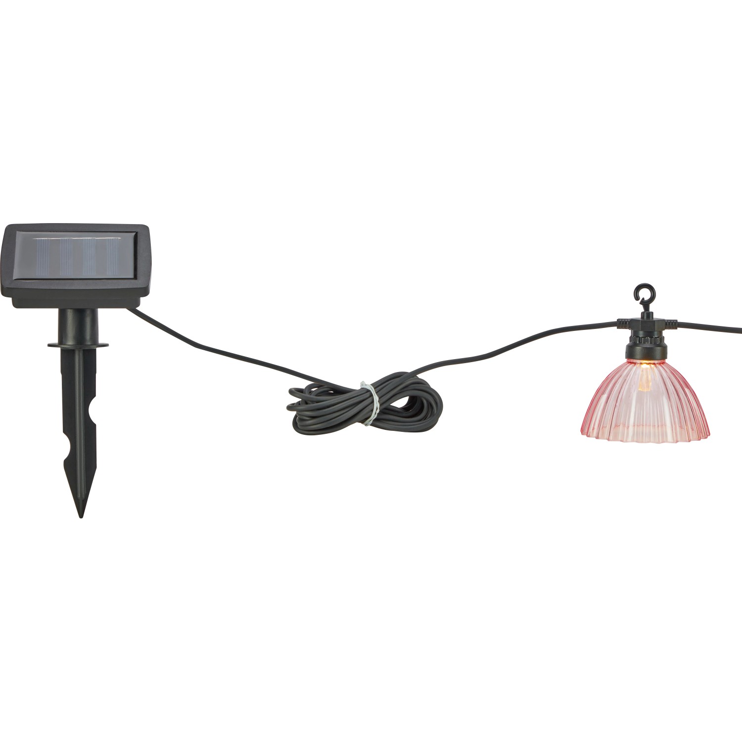 Solar-LED-Lichterkette Zevio mit rosa Lampenschirm und Solarpanel mit Erdspieß, 5,5 m lang.