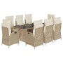 9-tlg. Garten-Essgruppe aus Poly Rattan in Beige mit Tisch und 8 Stühlen mit cremefarbenen Kissen.