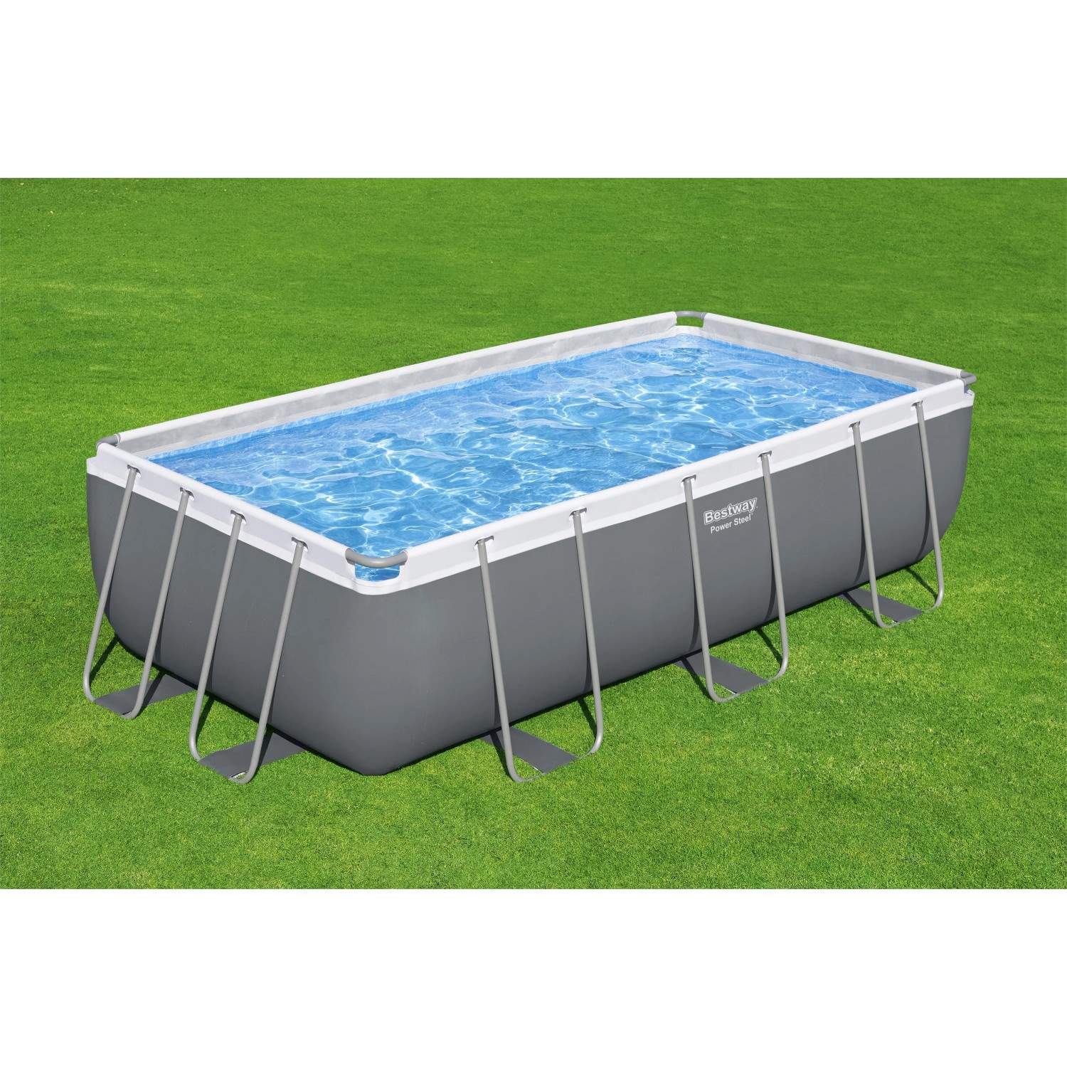 Bestway Stahlrahmenpool-Set Power Steel, eckig, grau, mit Wasser gefüllt auf Rasen.