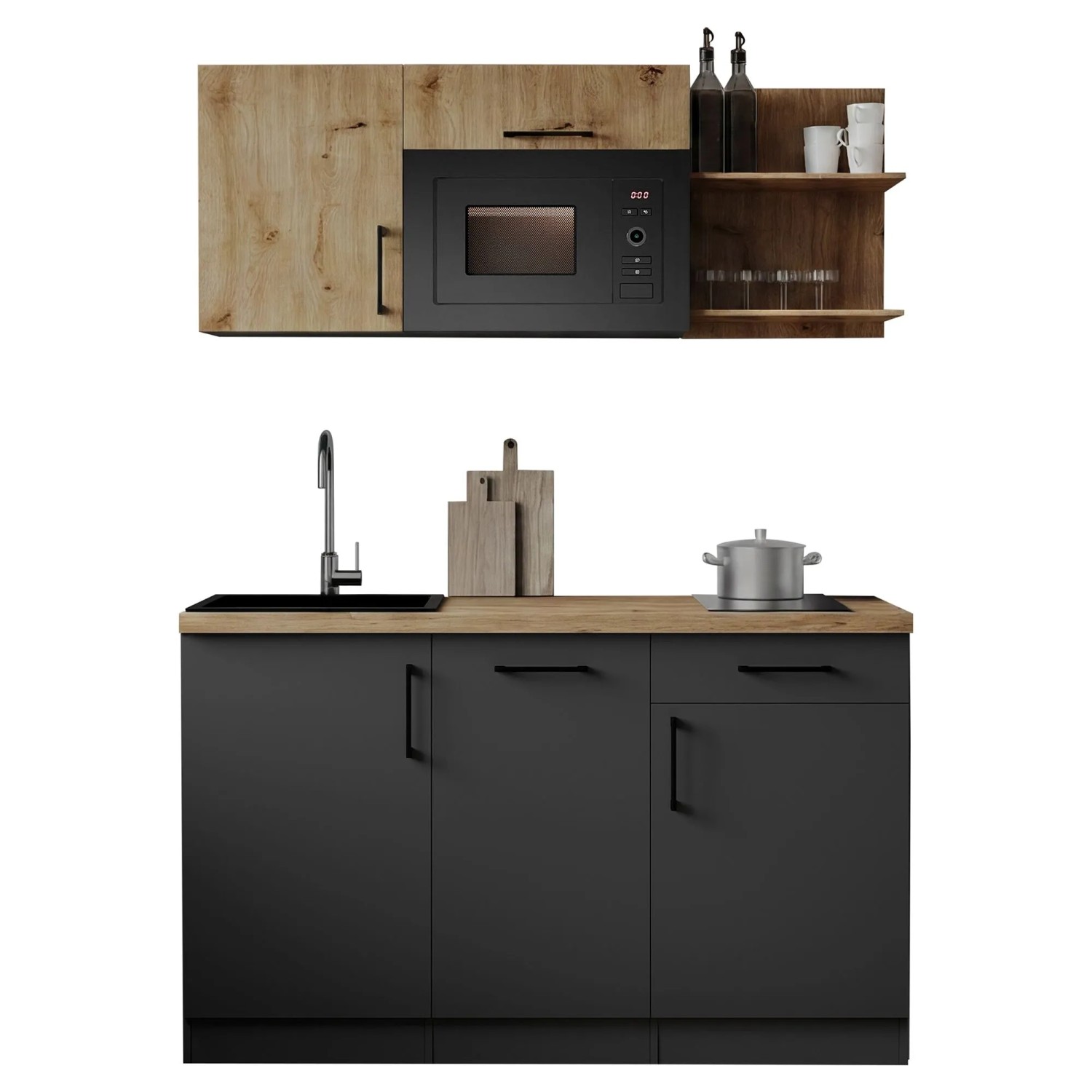 Respekta Singleküche Oliver 145 cm Grau matt Artisan-Eiche mit Mikrowelle