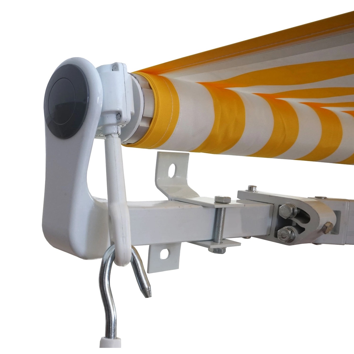 Detailansicht der creme-farbenen MCW Alu-Markise 2,5x2m mit gelb-weißen Streifen.