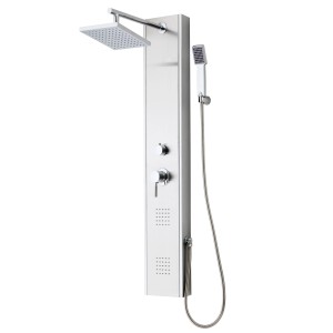 Schütte Duschpaneel Tahiti aus Edelstahl mit Kopf- und Handbrause sowie Massagedüsen.