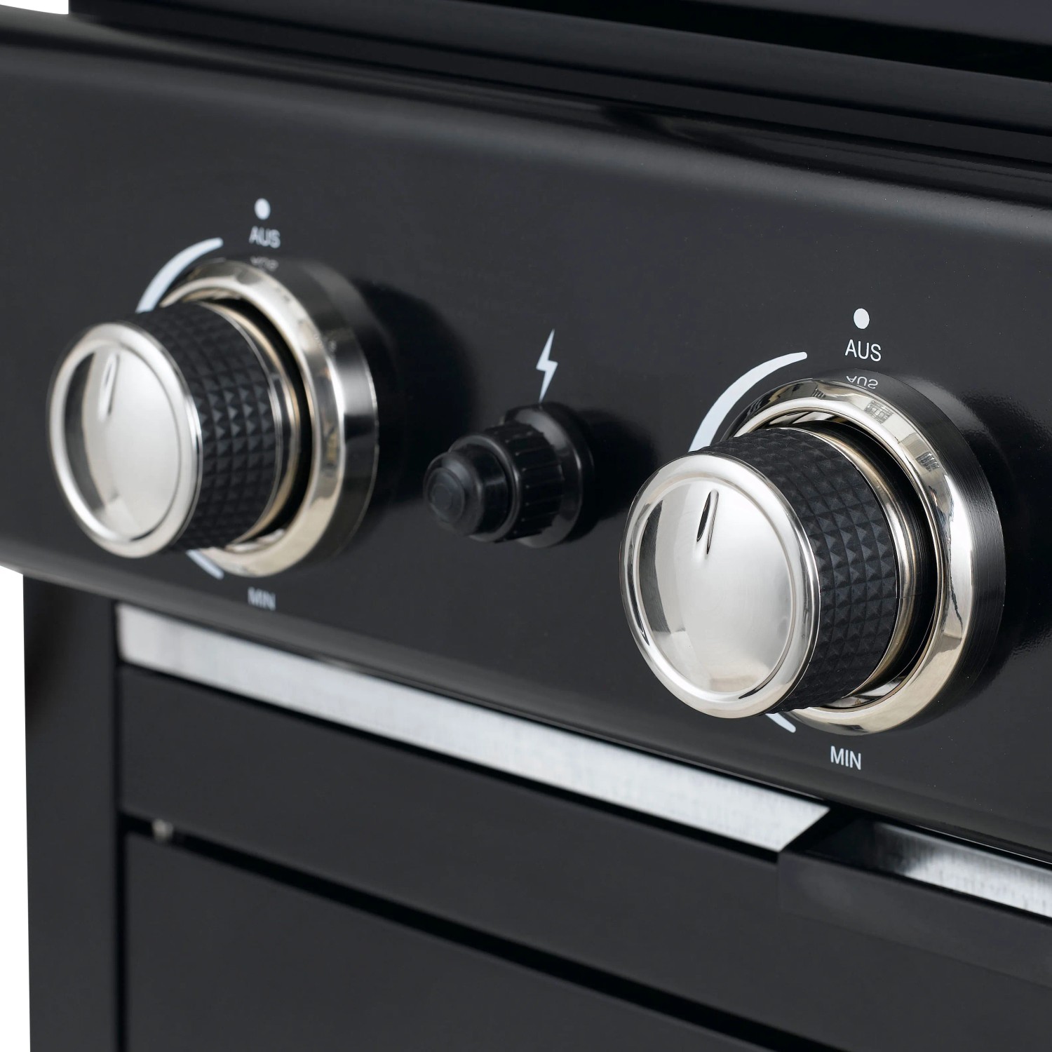 Detailaufnahme: Drehregler und Zündung des schwarzen tepro Gasgrill Mayfield mit 3 Brennern.