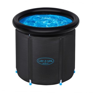 Bestway LAY-Z-SPA Eisbad Glacial Zen, runder, schwarzer, aufblasbarer Whirlpool mit blauem Wasser.