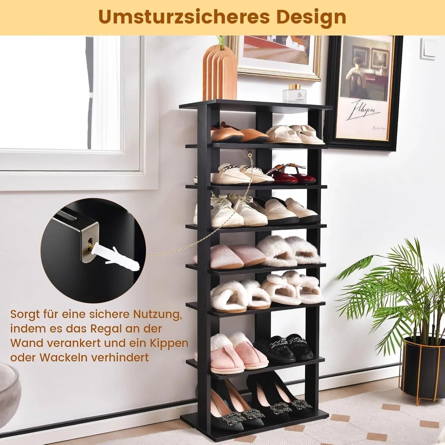 Schwarzes 8-stufiges Doppel-Schuhregal aus Holz mit Schuhen, Wandbefestigung gegen Kippen. Höhenverstellbar.