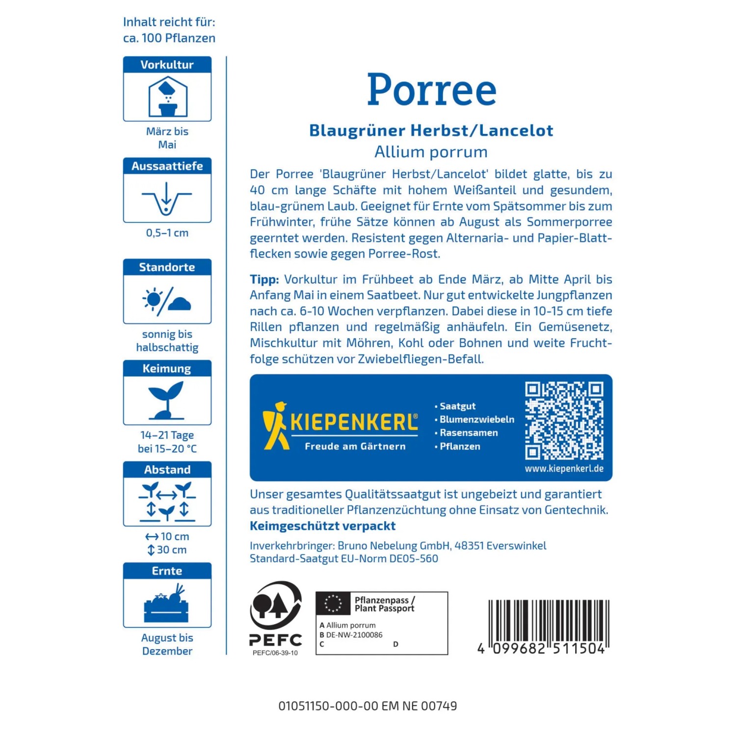 Kiepenkerl Porree Blaugrüner Herbst / Lancelot Gemüsesamen Packung