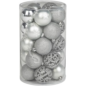 25-teiliges Weihnachtskugel-Set, Ø 6 cm, silberfarben, aus Kunststoff mit verschiedenen Oberflächen.