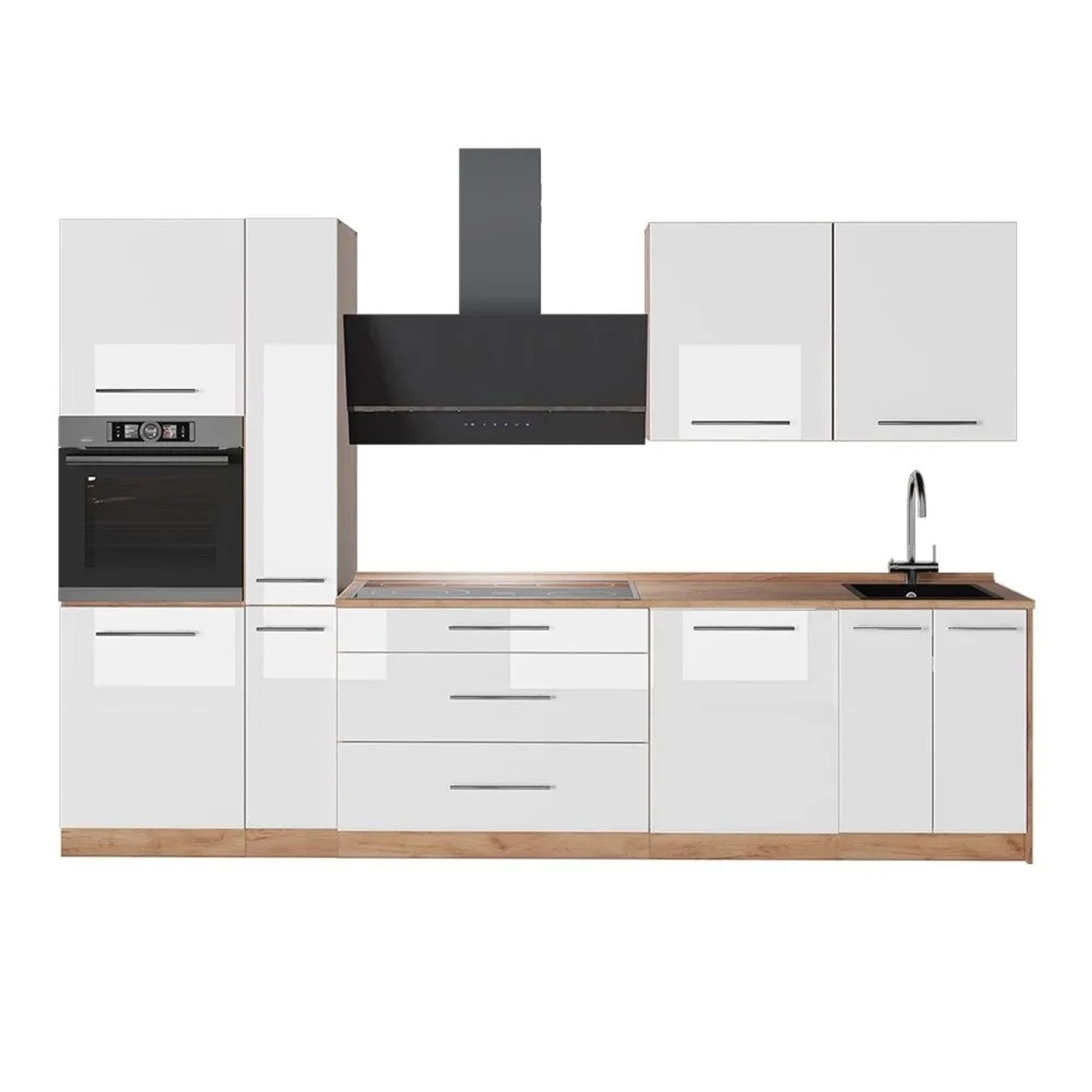 Vicco Küchenzeile Fame-Line Weiß Hochglanz/Goldkraft Eiche 310 x 207 ohne Arbeitsplatte Art Nr 64311