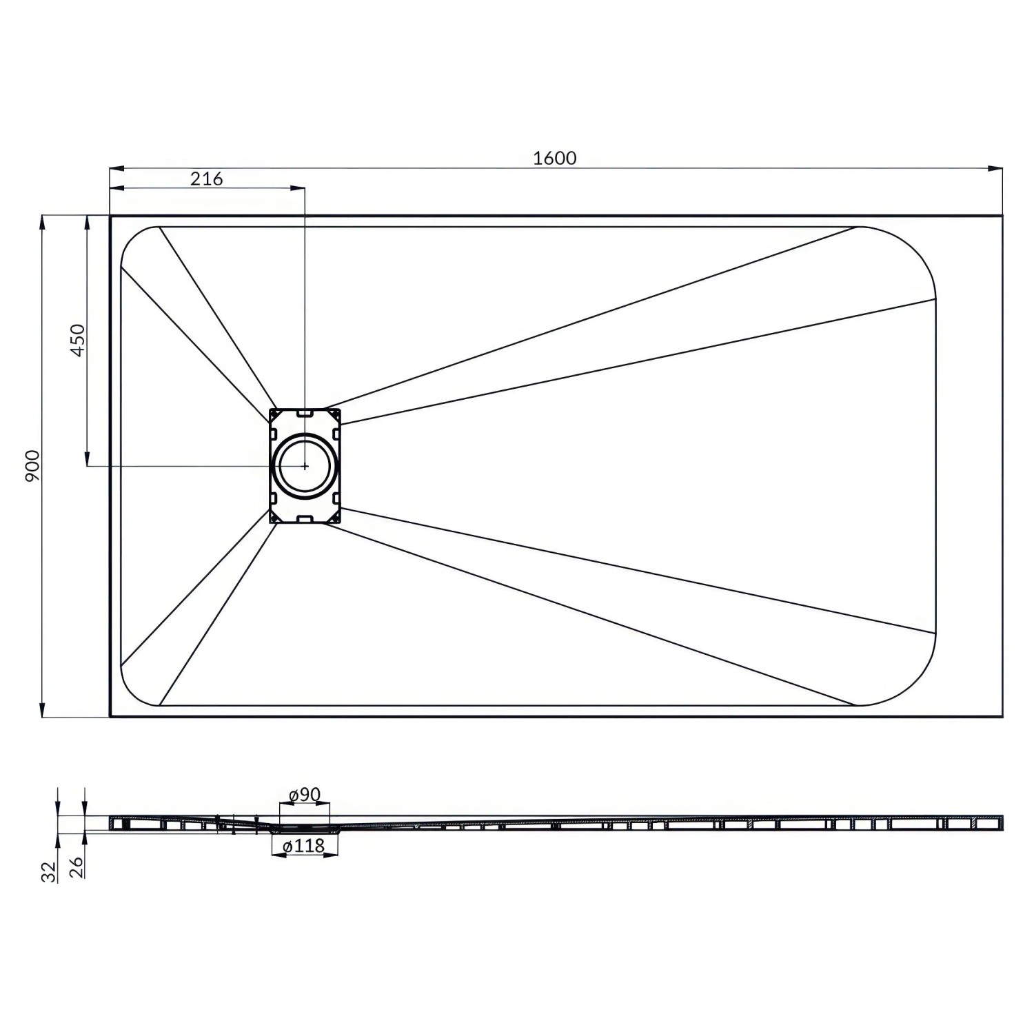 Technische Zeichnung der Bad Land Duschwanne Rechteck VIDAR 160x90x3,2 cm mit Maßen und 90mm Ablauf.