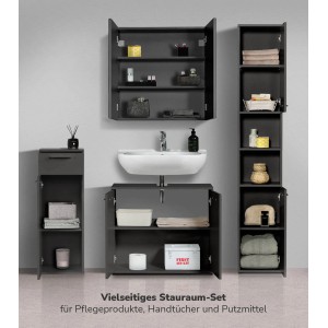 mokebo Badmöbel-Set „Der Steuermann“ in Anthrazit, 4-teilig mit Spiegelschrank und Waschbeckenunterschrank.