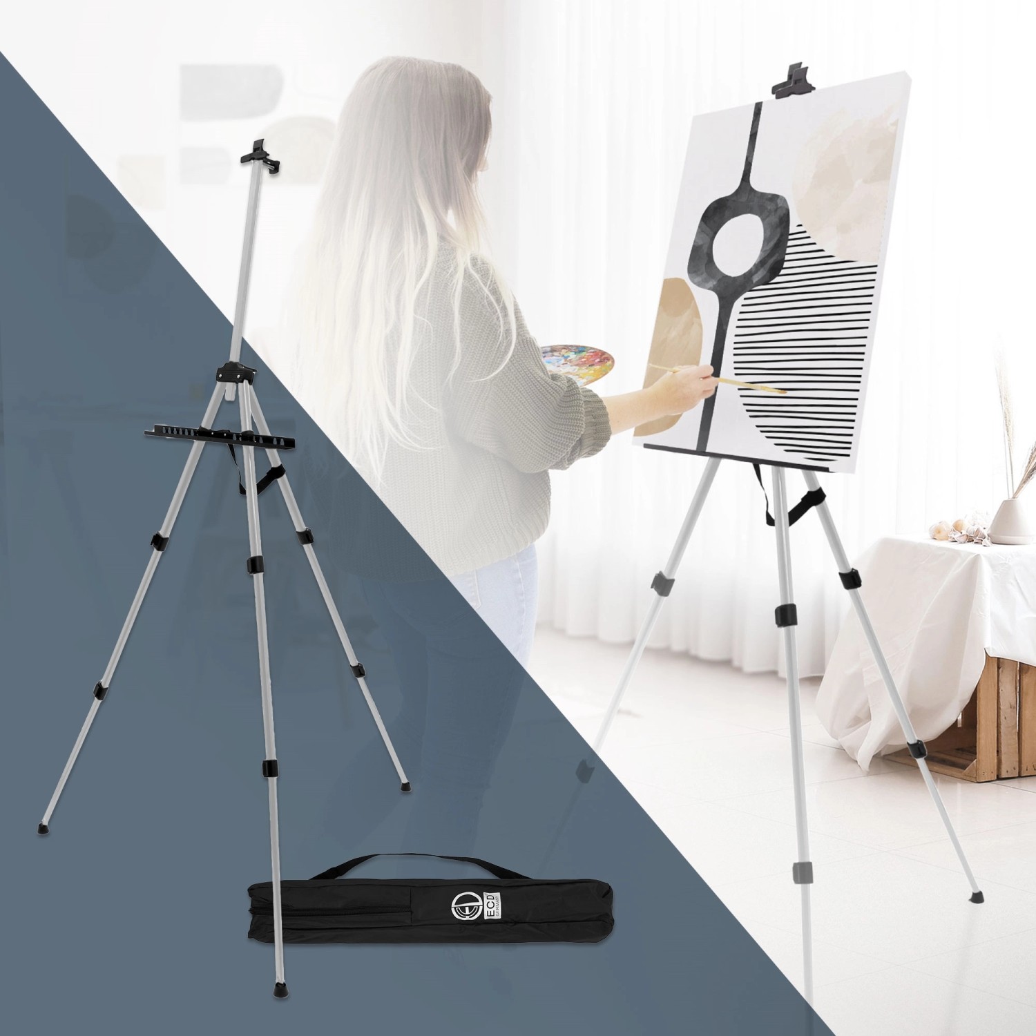 Silberne ECD Germany Atelierstaffelei aus Aluminium, höhenverstellbar mit Tragetasche.