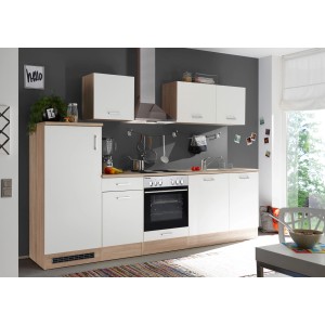 Respekta Küchenzeile KB280ENWP in Weiß-Eiche Optik mit E-Geräten und Spüle.