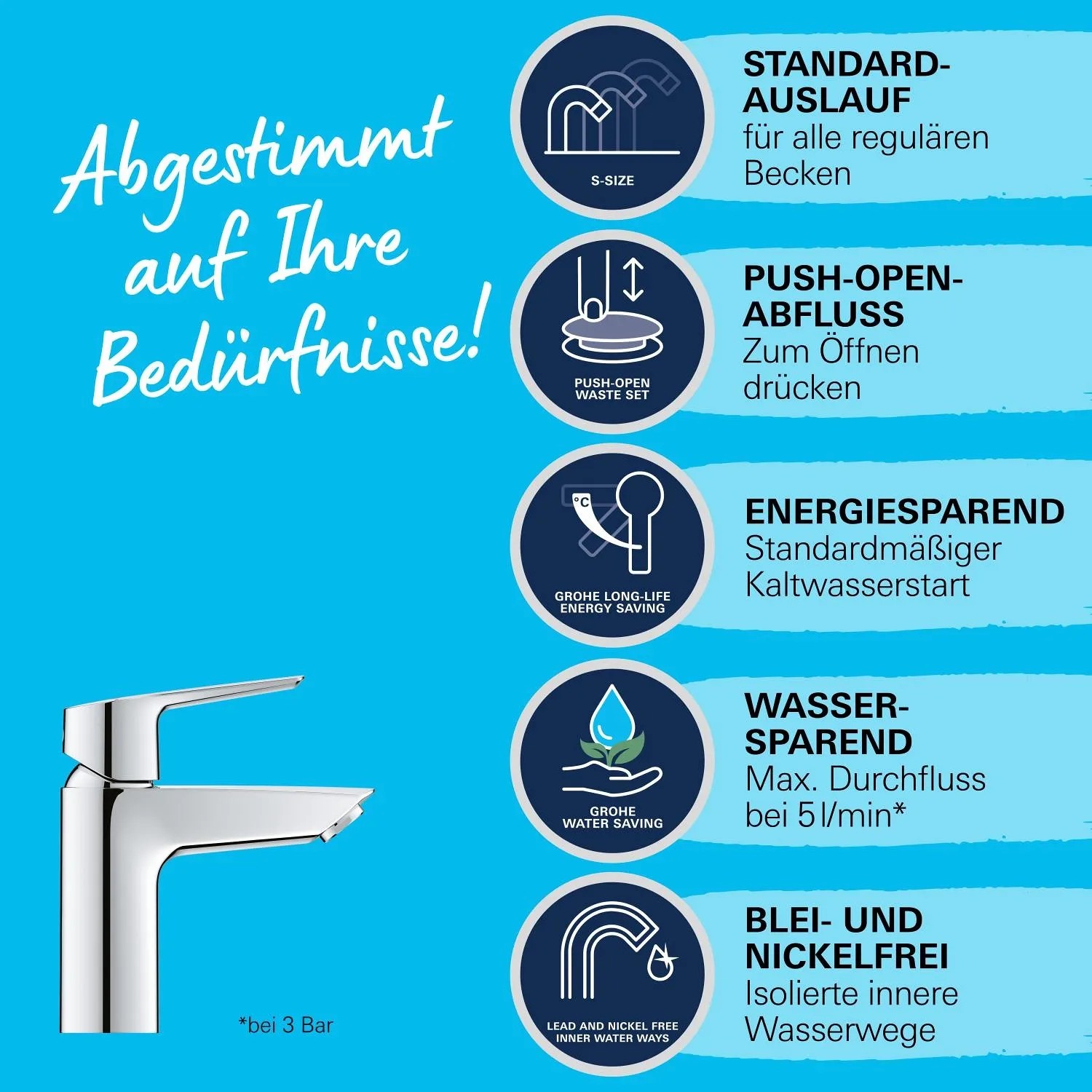 Grohe QuickFix Waschtischarmatur Start S-Size, Chrom, mit Energiesparfunktion und Hinweisen zu den Produkteigenschaften.