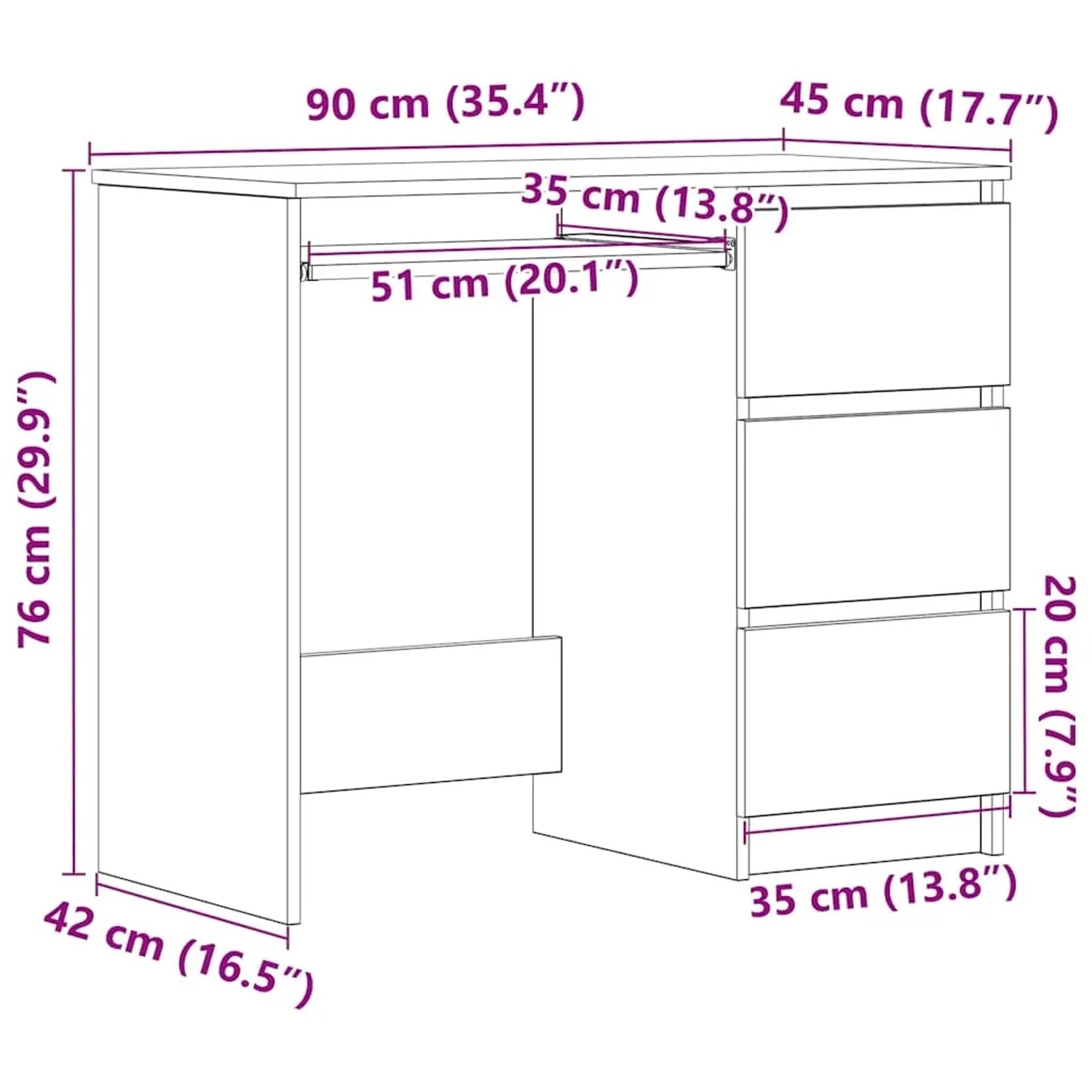 vidaXL Schreibtisch, Betongrau, 90x45x76 cm, Holzwerkstoff, mit drei Schubladen. Ideal fürs Büro.