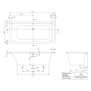 Technische Zeichnung einer weißen Villeroy & Boch Architectura Duo Badewanne, 170x80 cm, mit Maßangaben.