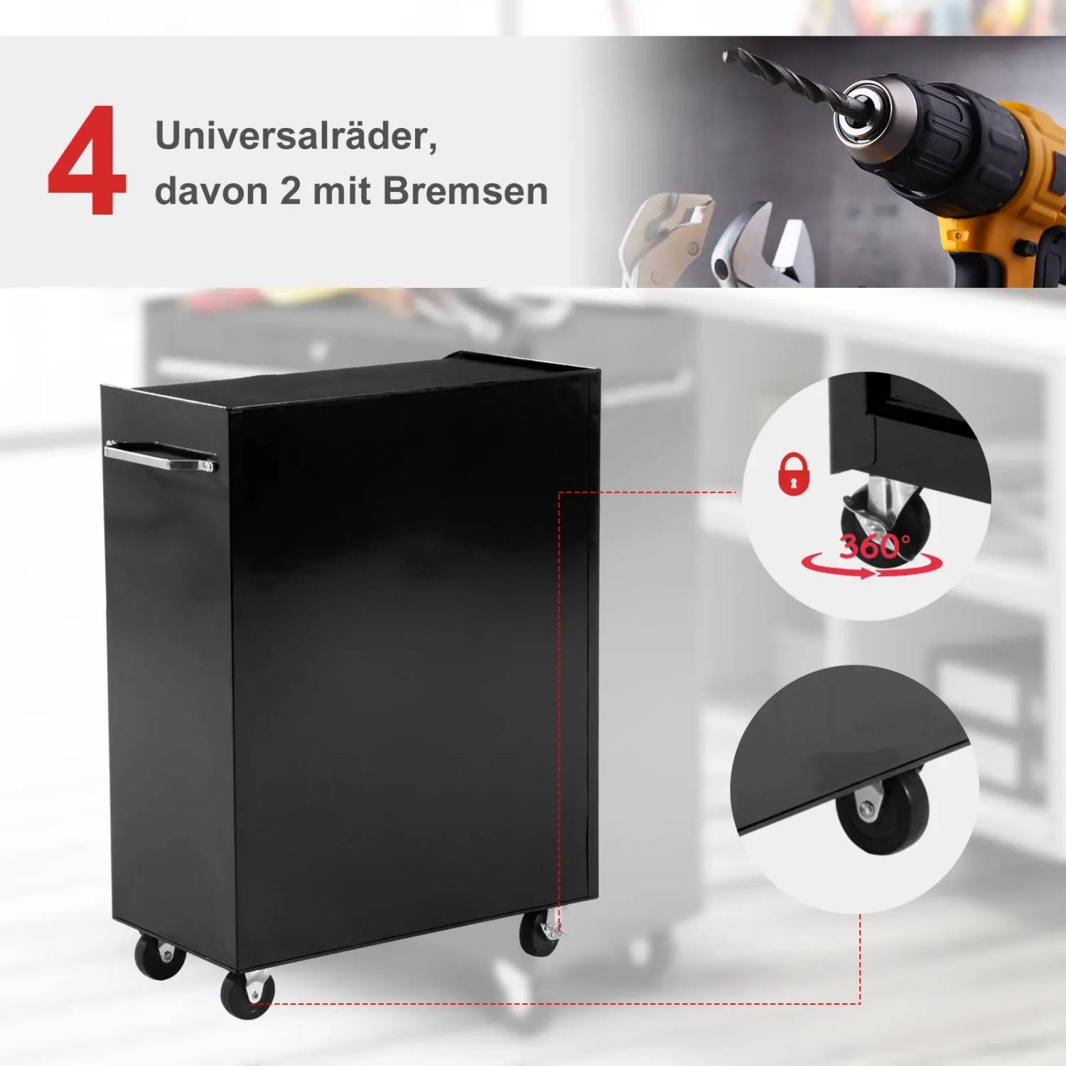 Schwarzer, abschließbarer Werkstattwagen mit 4 Rädern, davon 2 mit Bremse.