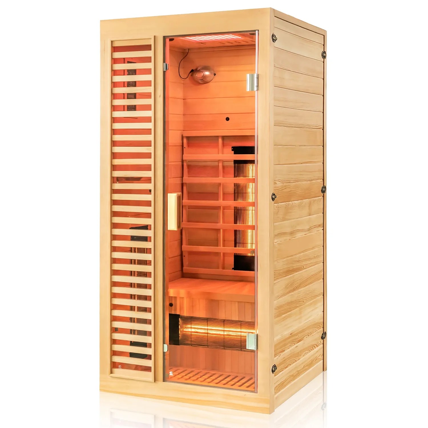 Dewello Infrarotkabine Hamlin aus Hemlock-Holz mit Glastür und Innenleben.