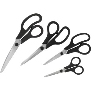 Küchenscheren-Set, 4 Edelstahl-Scheren in verschiedenen Größen mit schwarzen Griffen.