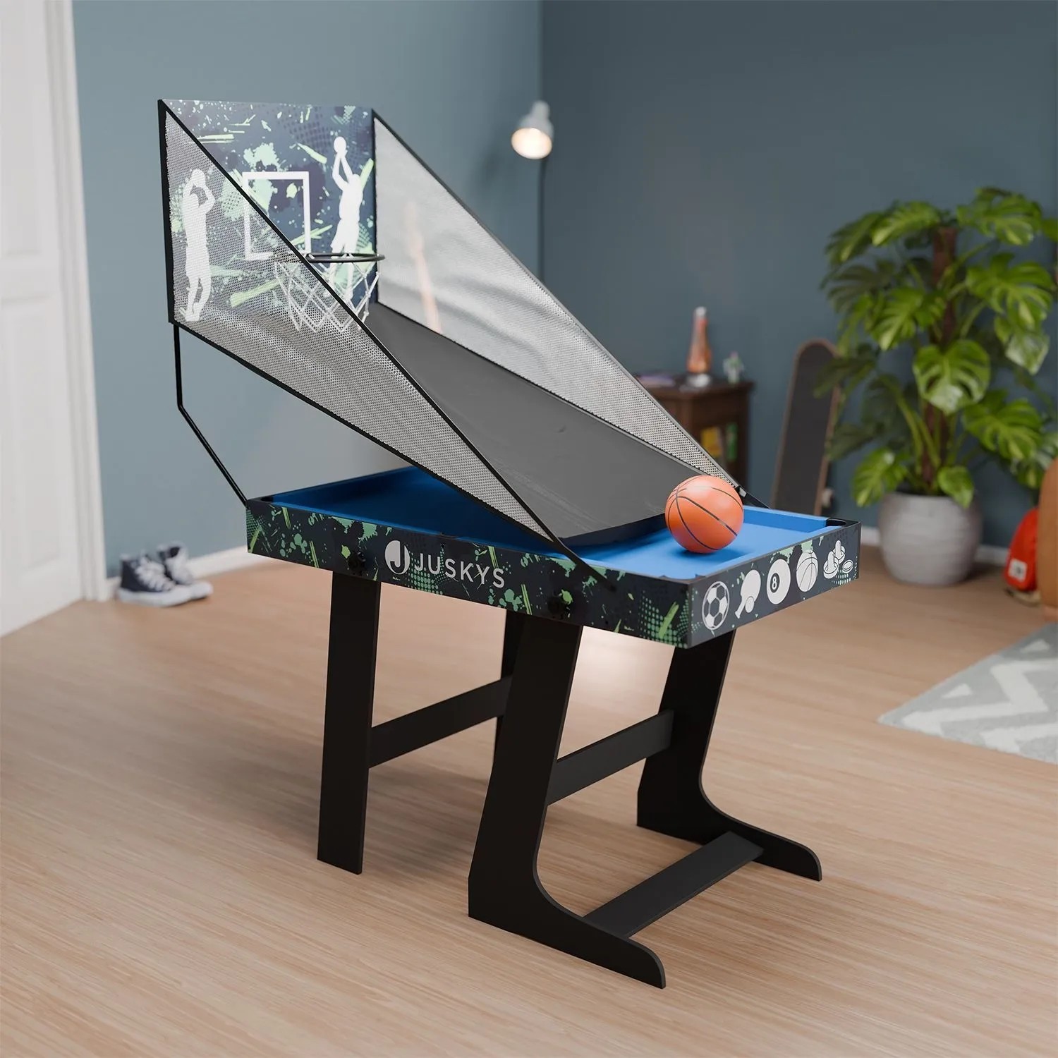 Juskys 5-in-1 Multi-Spieltisch Ballzauber mit Basketball-Aufsatz und Ball.