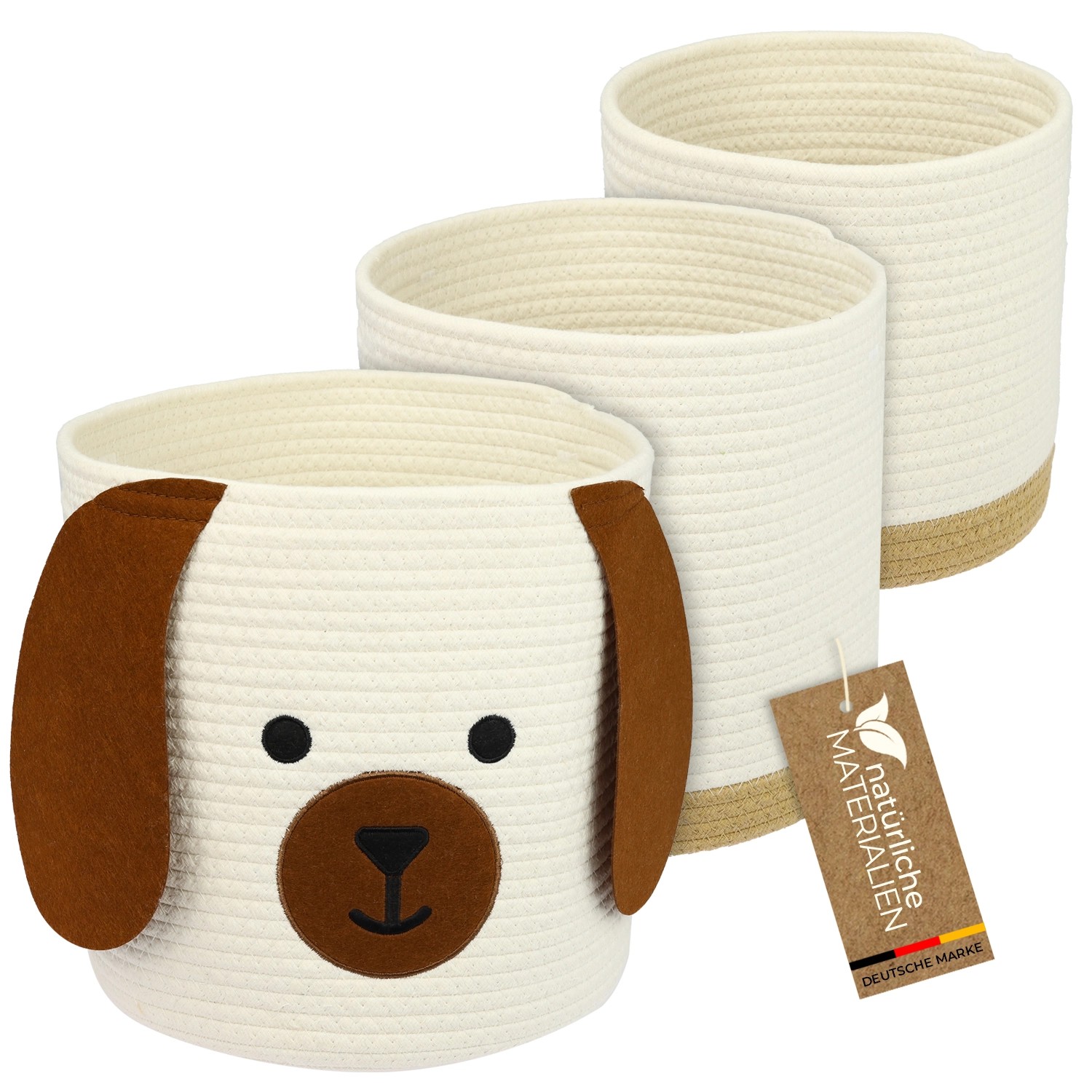 HMF Aufbewahrungskorb Versteckten Griffen 3er Set Korb Kinderzimmer Baumwolle Hund Großtel Klein