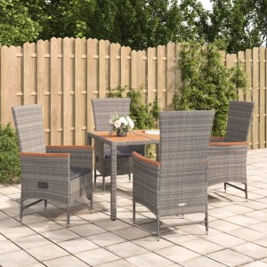 Graue 5-tlg. vidaXL Garten-Essgruppe aus Polyrattan mit Tisch und Stühlen inklusive Kissen.