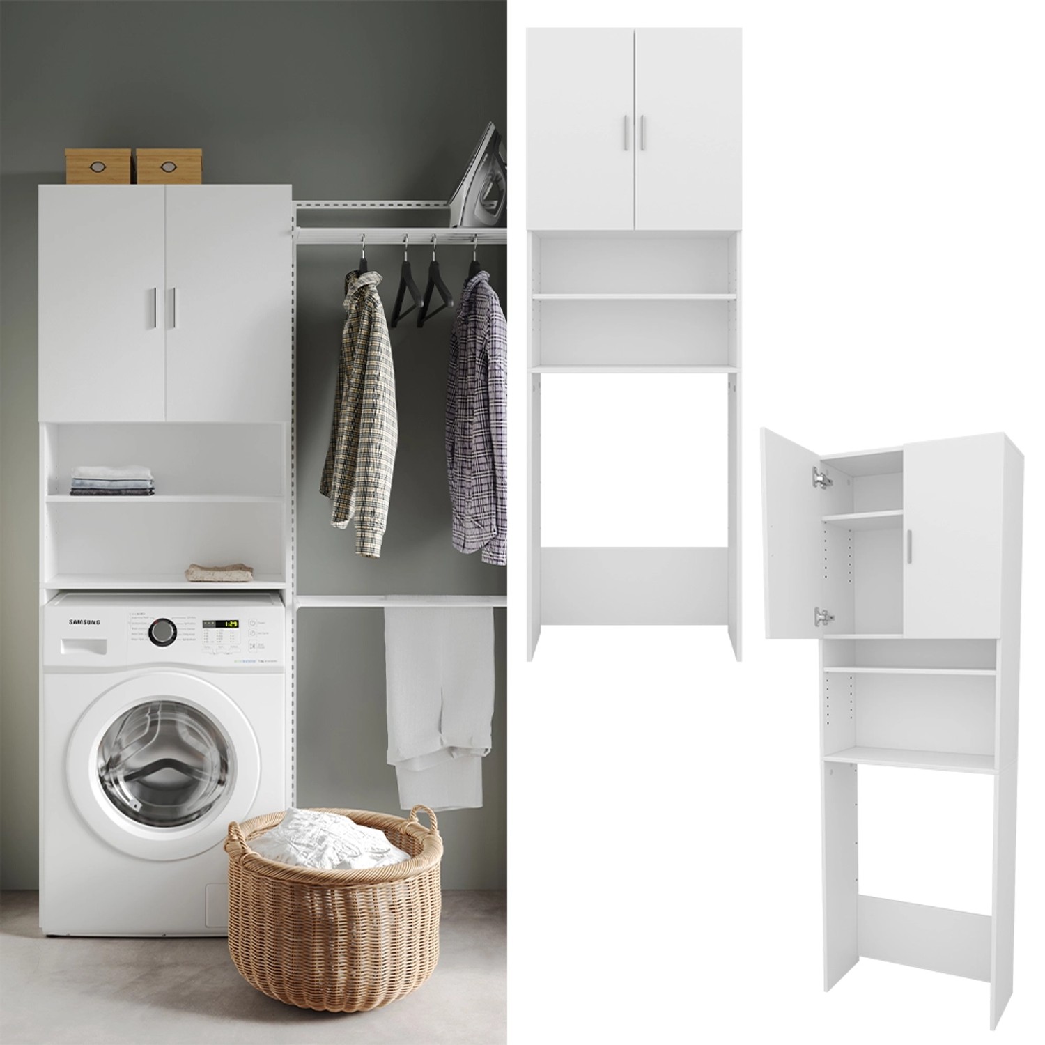 Vicco Waschmaschinenschrank Martha, weiß, 64x190cm, mit 2 Türen. Badregal für mehr Stauraum im Bad.