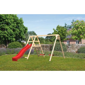 Karibu Doppelschaukel Felix mit roter Rutsche und Klettergerüst im Garten.