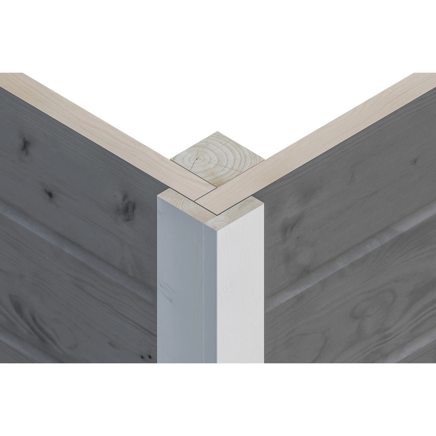 Detailaufnahme der Eckverbindung eines grauen Skan Holz Gartenhauses.