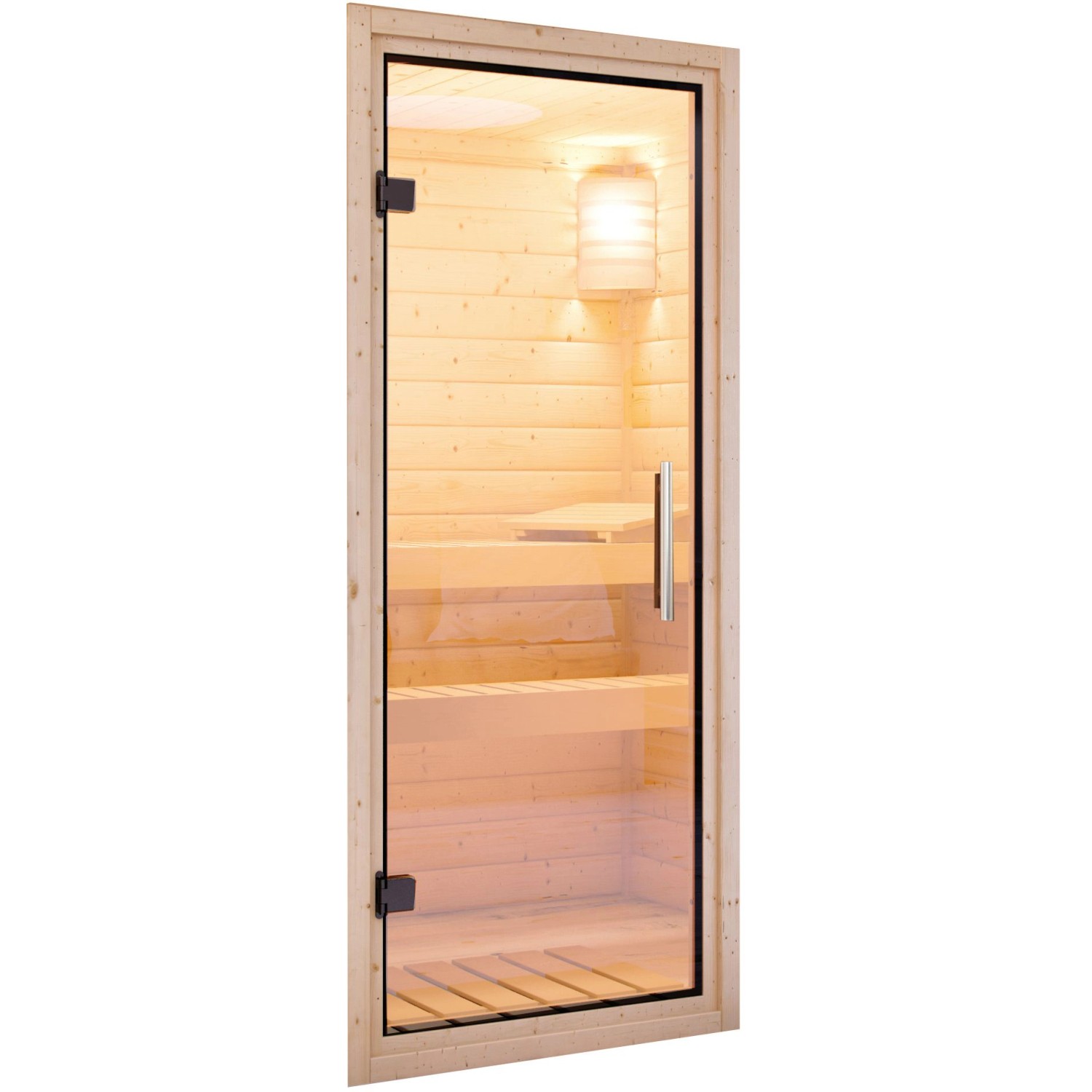 Karibu Sauna Natur mit Glastür, Innenansicht mit Bänken und Lampe.