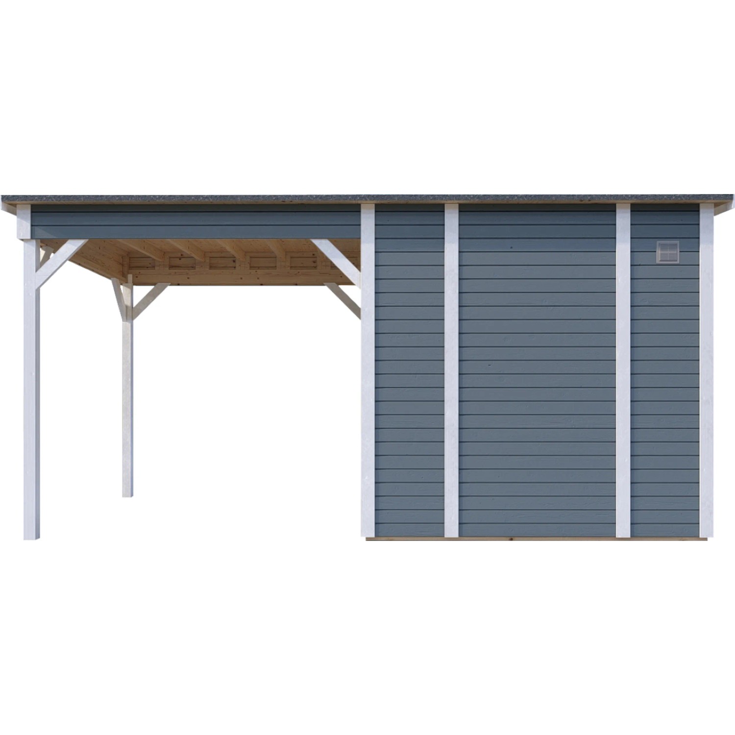 Graues Bertilo Gartenhaus Pentus 2 Lounge aus Holz mit Anbau und überdachter Fläche.