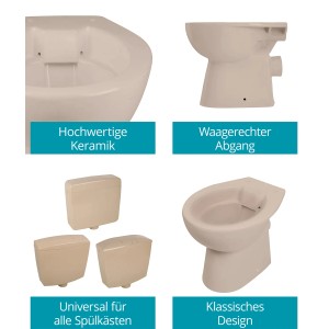 Calmwaters Stand-WC, spülrandlos, Bahamabeige, waagerechter Abgang. Tiefspüler Toilette für Bad & WC.