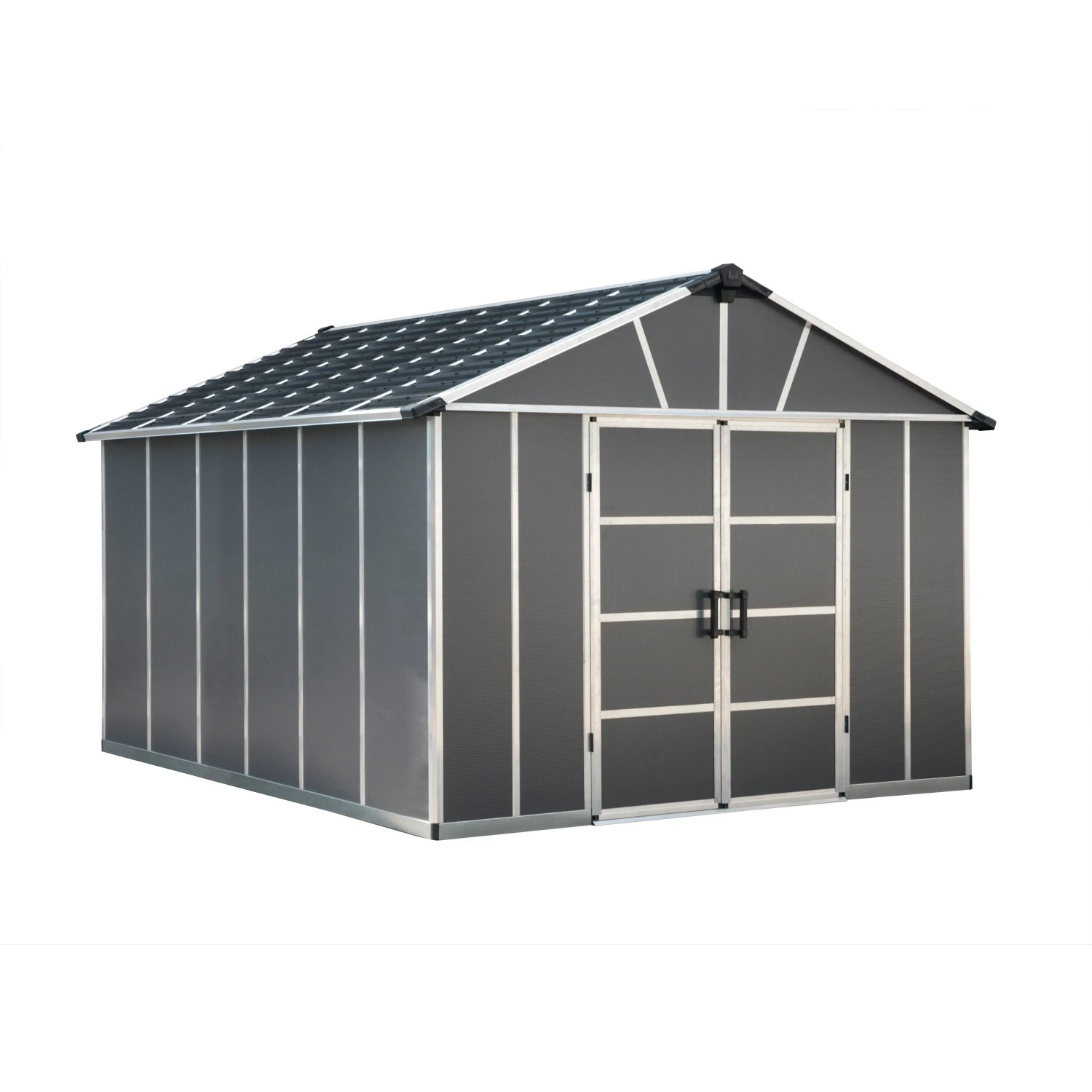 Graues Palram Canopia Gerätehaus Yukon 3.3 x 4 aus Kunststoff mit Doppeltür.