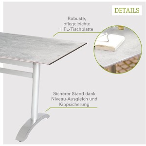 Rechteckiger Acamp Klapptisch Platin-Cemento, 120x80 cm, mit robustem Aluminiumgestell und HPL-Tischplatte.