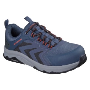 Dunkelblauer Skechers Speed-Flex Trekker S3S Arbeitsschuh mit grauer Sohle, orangefarbenen Akzenten und Goodyear Laufsohle.