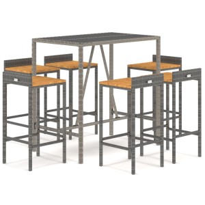 7-tlg. Gartenbar-Set Grau aus Rattan und Akazienholz mit Tisch und 6 Hockern.