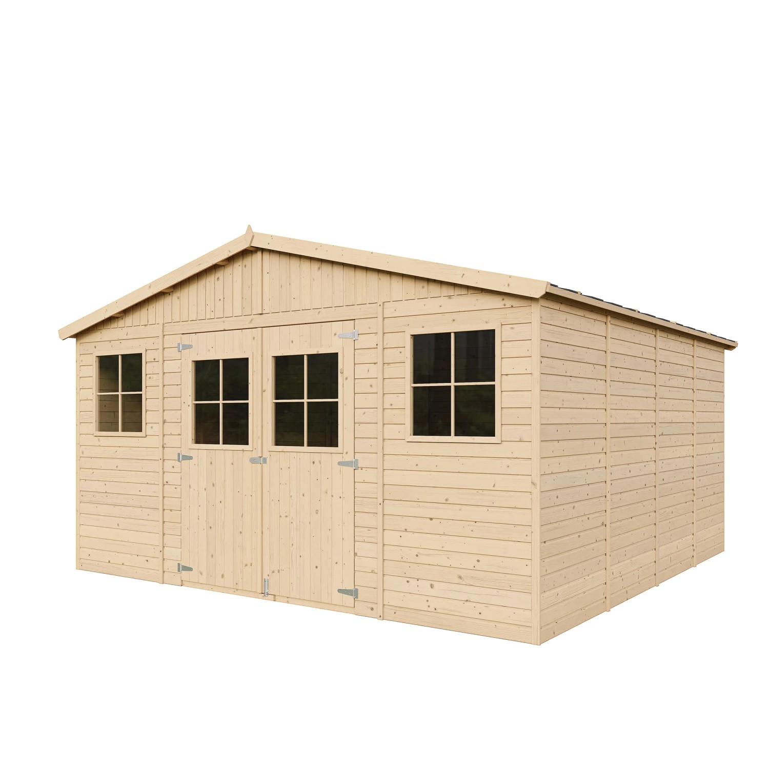 Timbela Gartenhaus M330+M330G, 15,84 m², Holz natur, mit Fenstern und Boden.