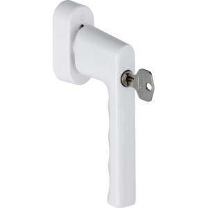 Abschließbarer Hoppe Fenstergriff Hamburg, verkehrsweiß, mit Schlüssel für erhöhte Sicherheit.