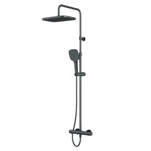 AM.PM Play Duschsystem Schwarz mit Thermostat, rechteckiger Regendusche und Handbrause. Höhenverstellbares Brauseset.