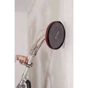 wolfcraft Schleifgitter-Set K120, Ø 225 mm, 5-tlg. im Einsatz an einer Wand. Ideal für Wand- und Deckenschleifer.