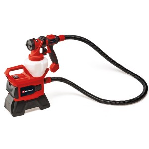 Einhell Akku Airbrush TE-SY 18/90 Li Solo, rotes Farbsprühgerät mit Schlauch und Gebläsestation.