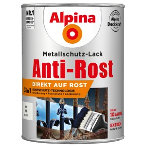 Alpina Metallschutz-Lack Anti-Rost Weiß matt 2,5l: Dose mit Rostschutz-Lack für Eisen und Nichteisenmetalle.