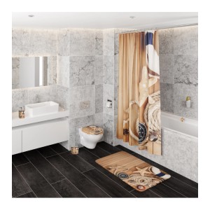 Sanilo WC-Bürste Maritime im Badezimmer mit passendem Duschvorhang und Badematte.