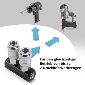 STAHLWERK 2-fach Druckluft-Verteiler mit 2 Schnellkupplungen, verbindet 2 Druckluftwerkzeuge gleichzeitig. Zubehör für Kompressoren.